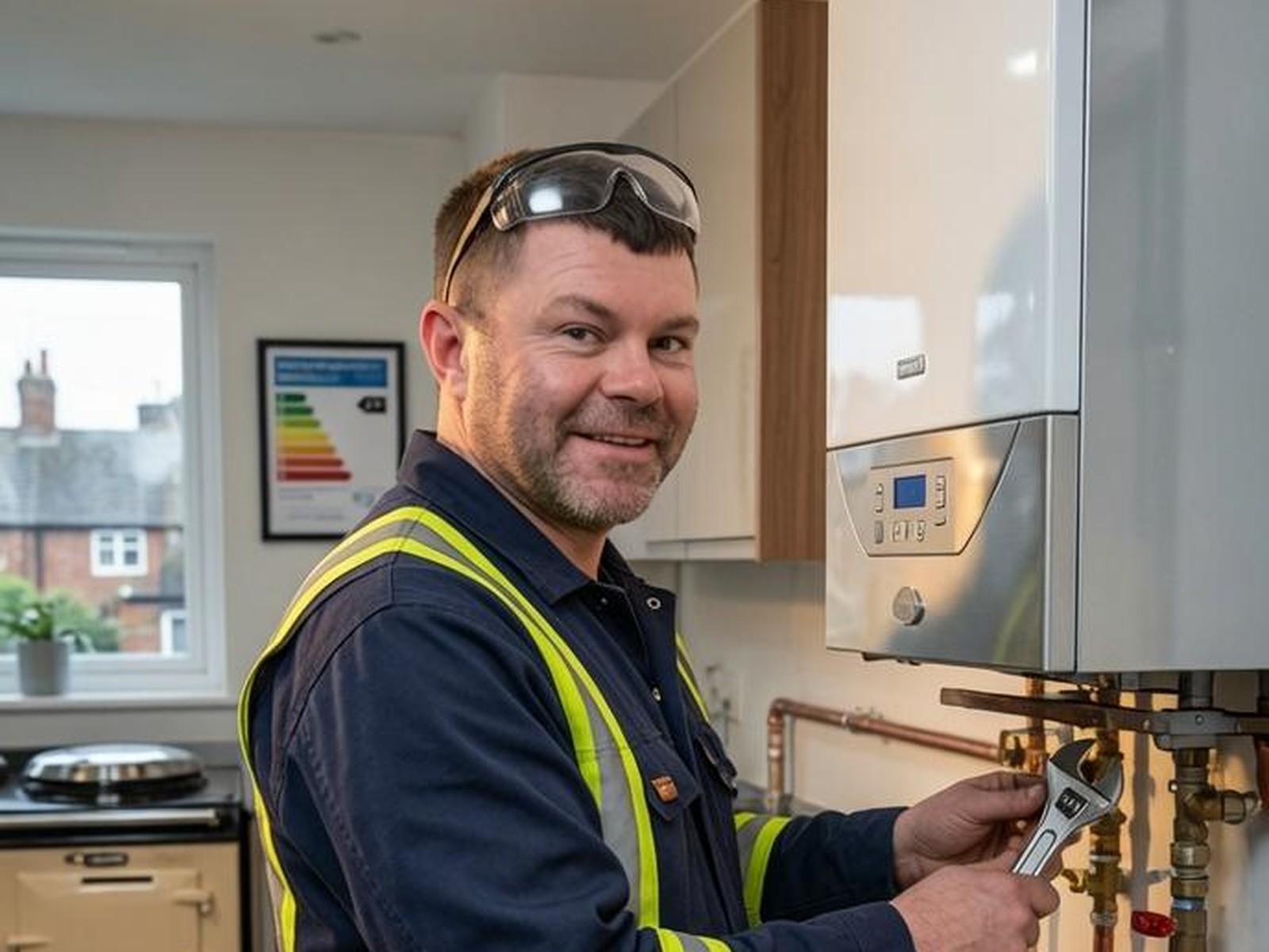Gas Safe registered engineer working on a modern boiler in Urmston