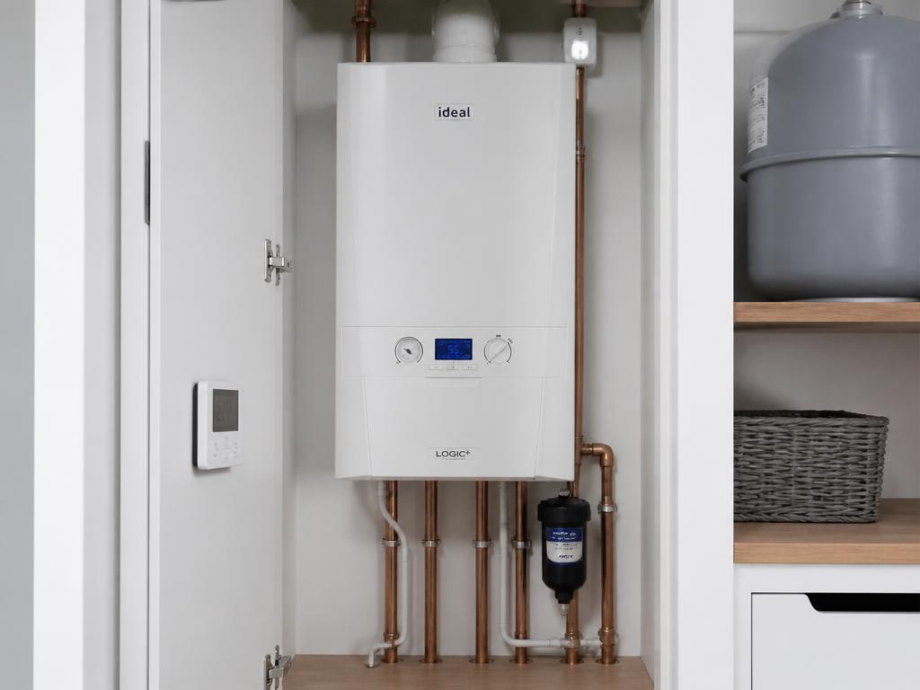 A modern white condensing combi boiler with digital controls and neat copper pipework