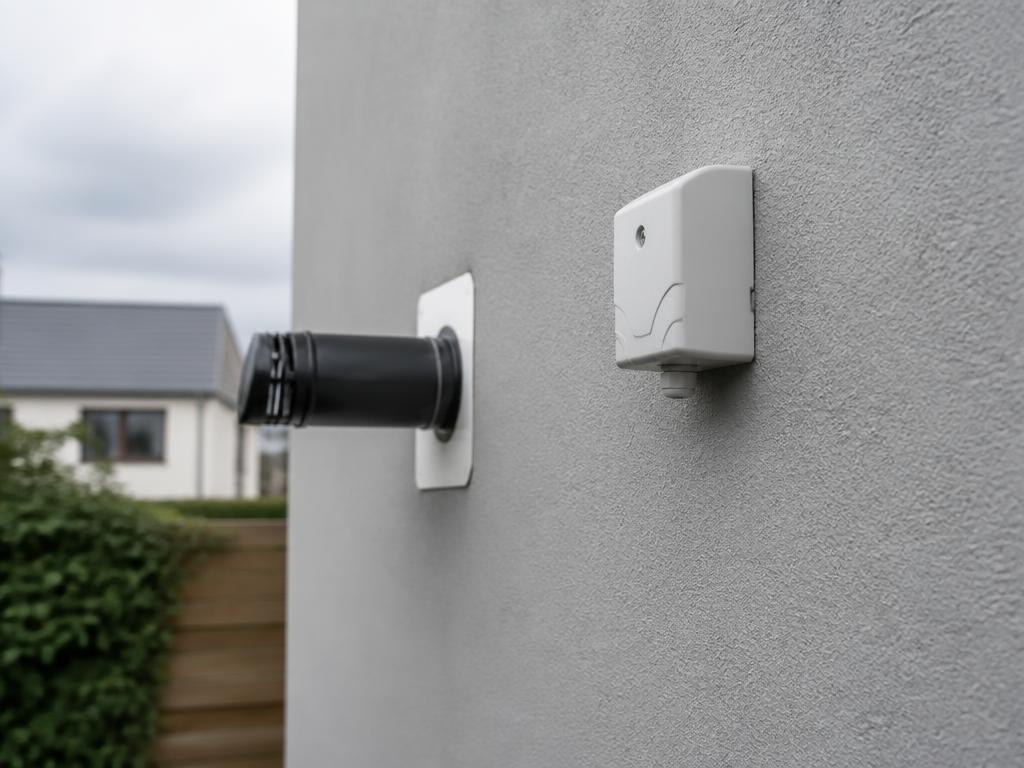 An outdoor weather compensation sensor mounted on the exterior wall of a modern house
