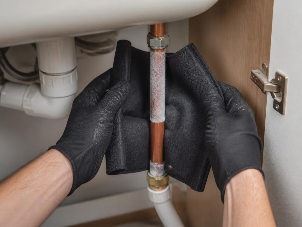 Heating engineer fitting a pipe freezing jacket around a copper pipe under a kitchen sink