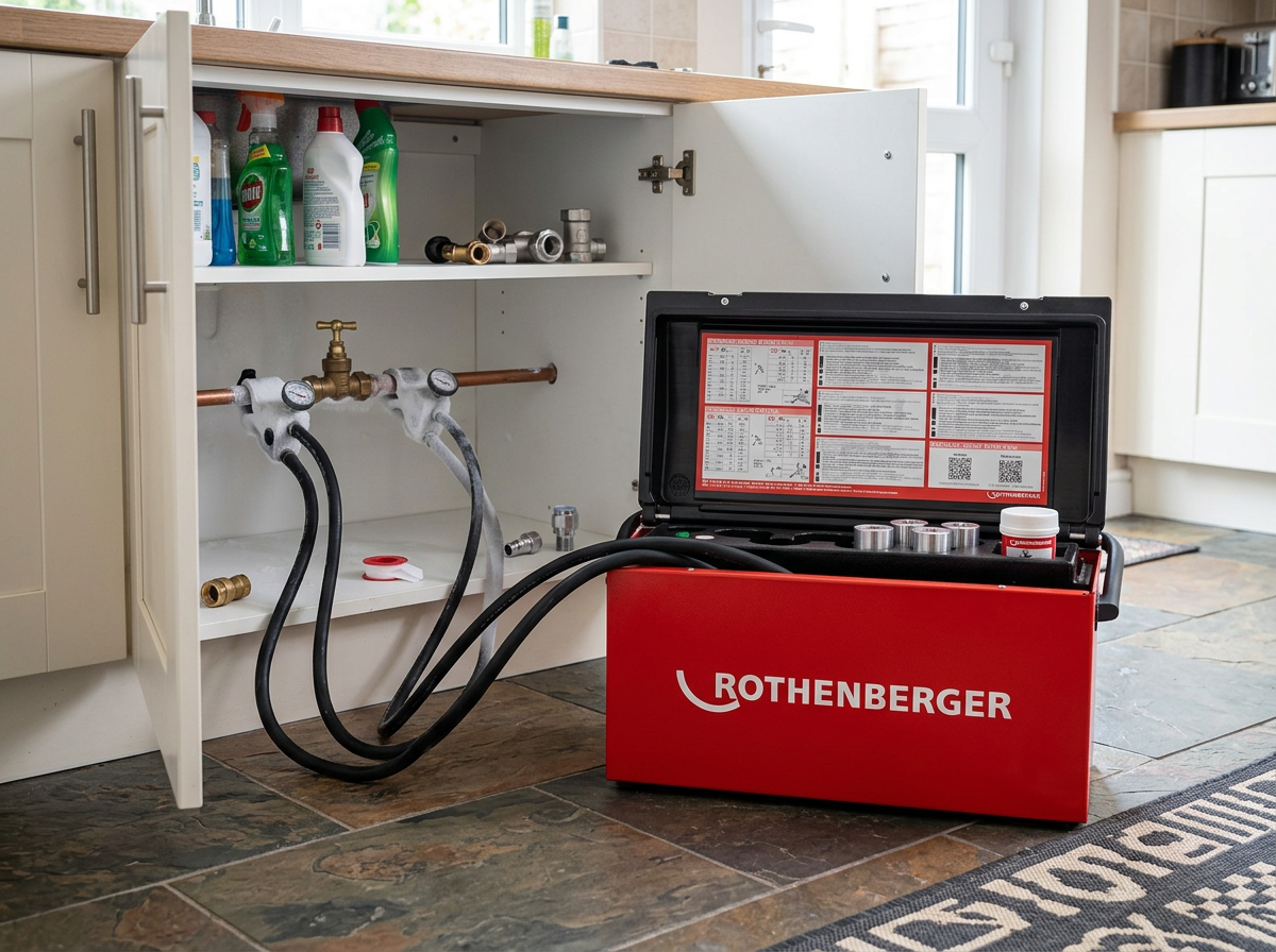 Red ROTHENBERGER ROFROST TURBO II R290 pipe freezing machine beside a kitchen cupboard with hoses running to freeze tongs on copper pipe either side of a stop tap