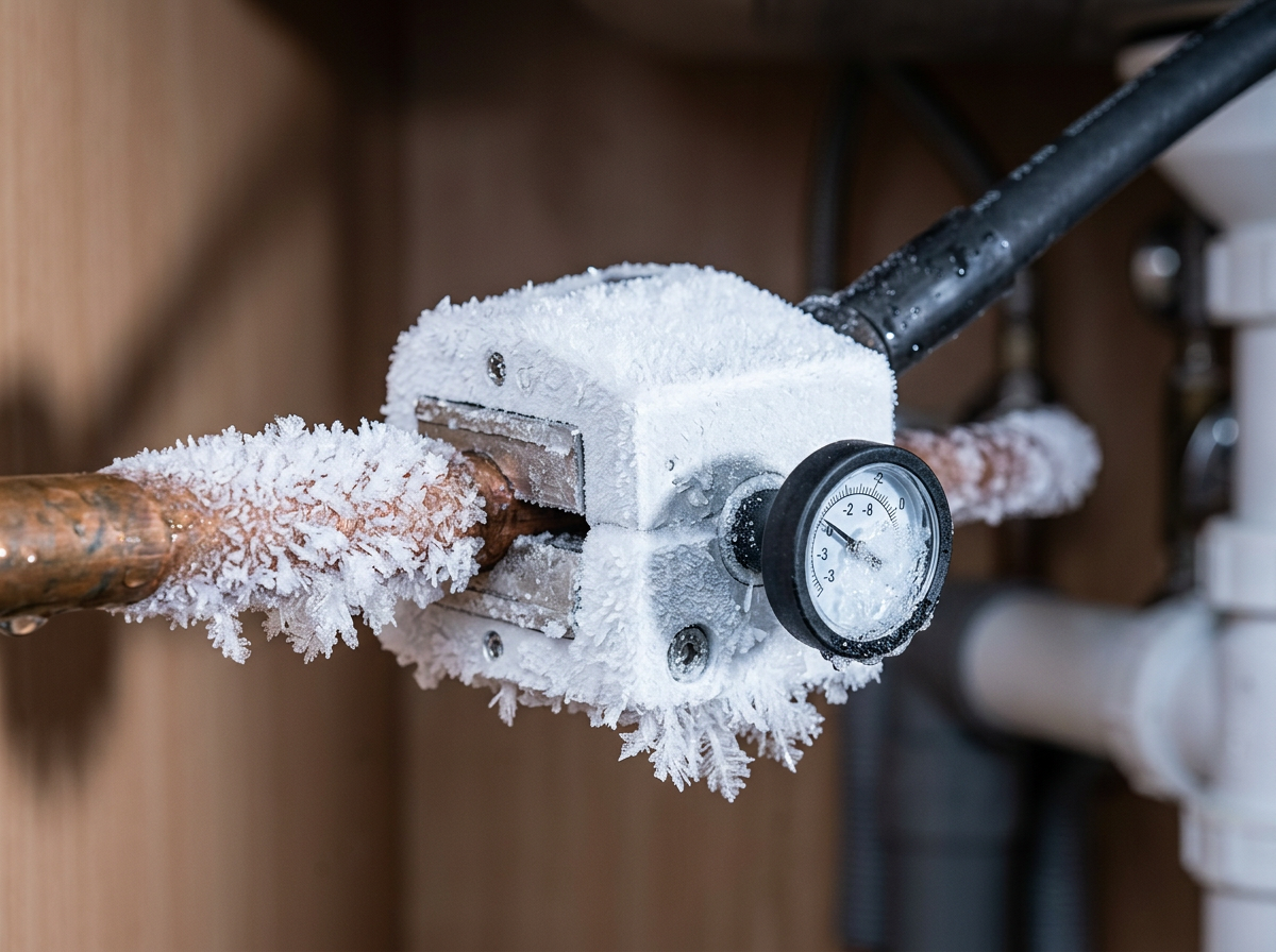 Close-up of a frosted ROFROST freeze tong with dial thermometer clamped on a copper pipe covered in ice crystals