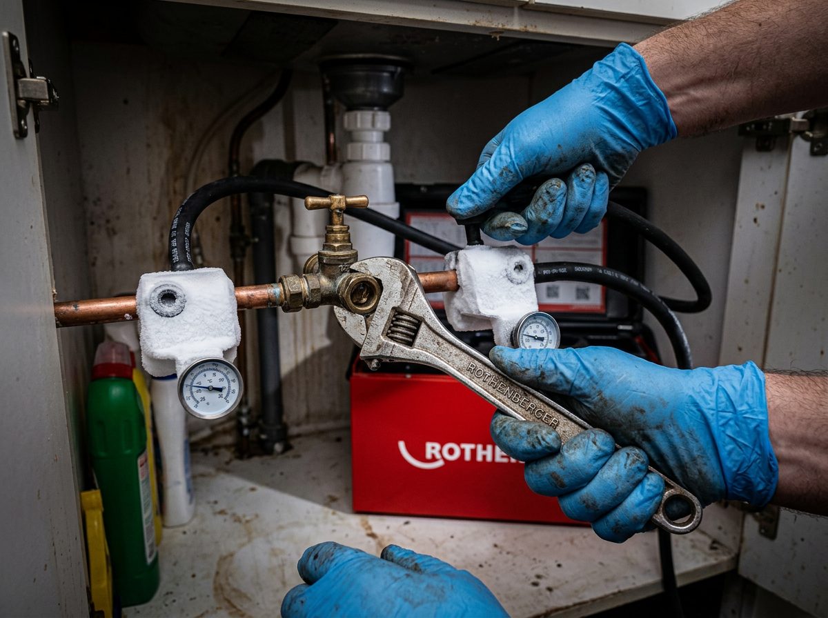 Plumber removing an old brass stop tap with a spanner while frosted ROFROST freeze tongs hold back the water