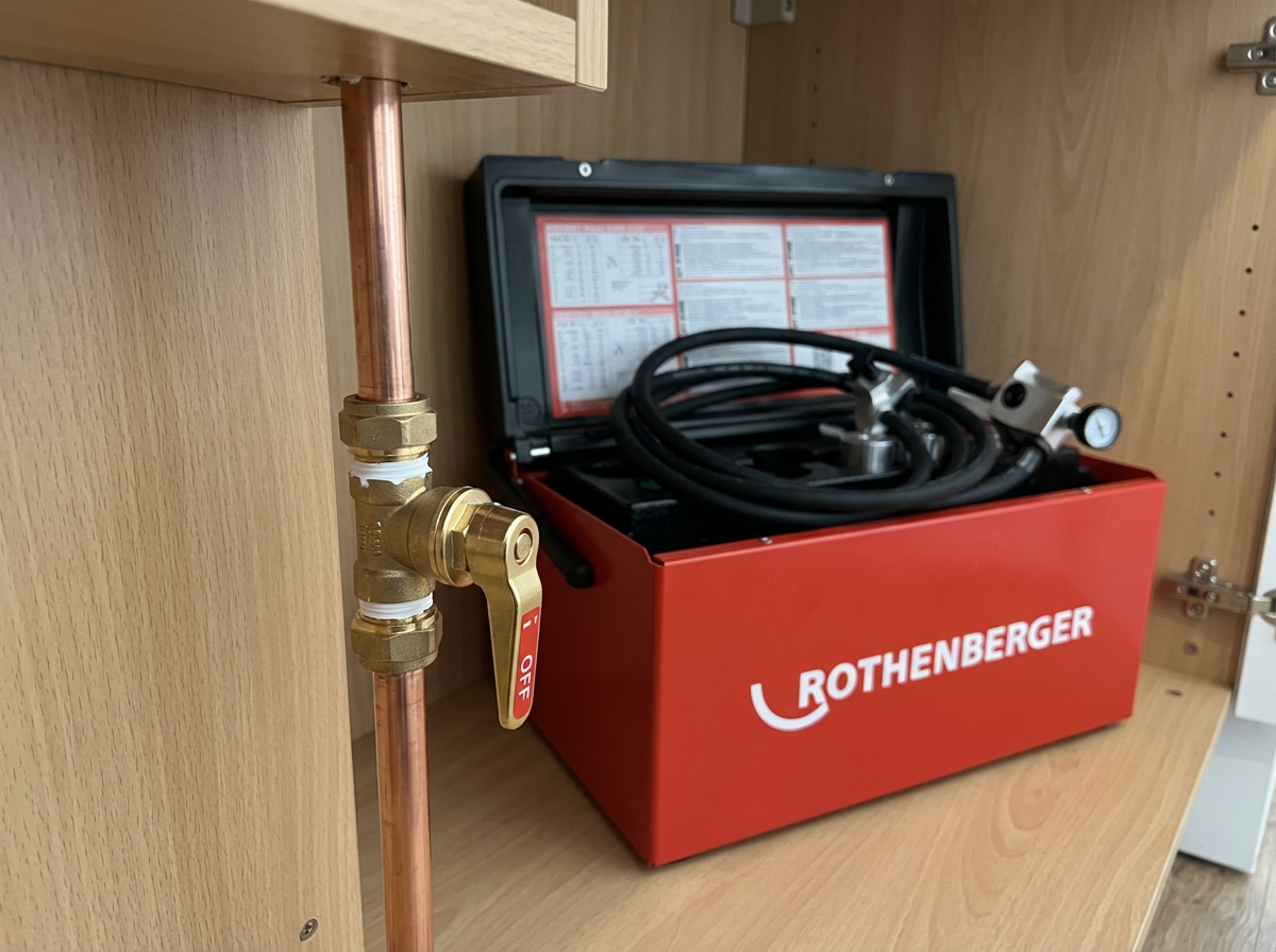 New brass lever stop tap on clean copper pipework with the red ROTHENBERGER ROFROST TURBO II R290 being packed away behind