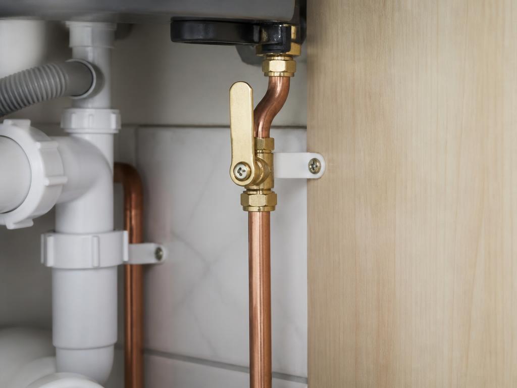 New brass lever stop tap installed on clean copper pipework under a sink