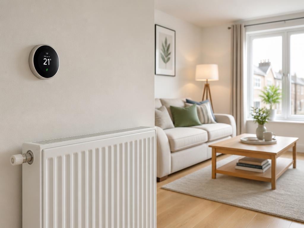 A white radiator and a smart room thermostat in a modern living room